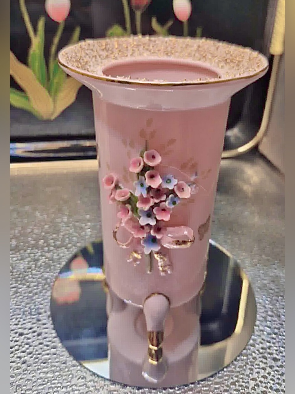Vintage MCM Pink Lefton China Footed Bud Vase 24k Gold Sugared Rim & butterflies